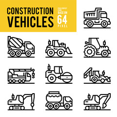 Construction Vehicle and Transport Outline Icons. Pixel Perfect Icon Base on 64px.