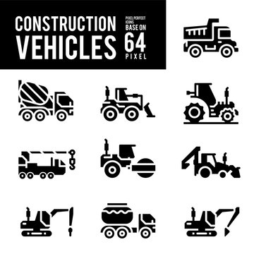 Construction Vehicle and Transport Glyph and Solid Icons. Pixel Perfect Icon Base on 64px.