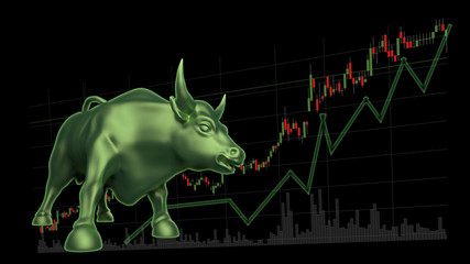 Bull trading graph and bar chart in green show positive opportunity in stock market,Chance for financial investment, Economic trends, Concept for finance and business Black background 3D illustration.