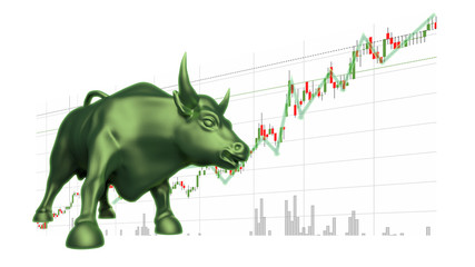 Bull trading graph and bar chart in green show positive opportunity in stock market,Chance for financial investment, Economic trends, Concept for finance and business white background 3D illustration.
