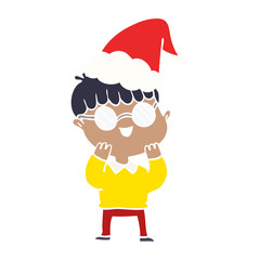 flat color illustration of a boy wearing spectacles wearing santa hat