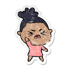 distressed sticker of a cartoon angry woman