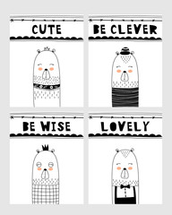 Cute bear vector print in scandinavian style. Set of hand drawn vector illustrations for  cards, posters, cards, t-shirts, book, textile.