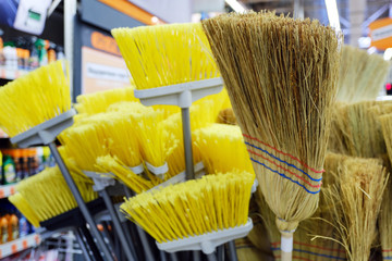 Sweeping brushes. Yellow artificial. Made of natural linen dried planted on the shaft.