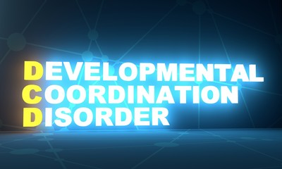 Acronym DCD - Developmental Coordination Disorder. Helthcare conceptual image. 3D rendering. Neon bulb illumination