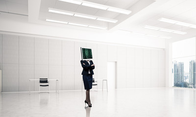 Business woman with monitor instead of head.