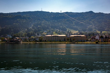 Blick auf das Militärmuseum und die Militärhistorische Badeanstalt in Bregenz am Bodensee,...