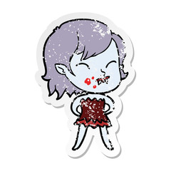 distressed sticker of a cartoon vampire girl with blood on cheek