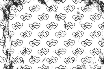 Grunge pattern with line art icons of double cupid hearts. Horizontal black and white backdrop.