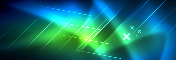 Naklejka premium Neon glowing techno lines, hi-tech futuristic abstract background template with lines