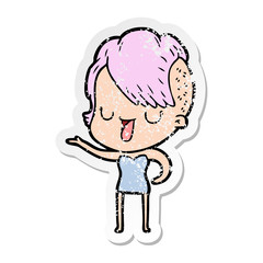 Obraz premium distressed sticker of a cute cartoon girl with hipster haircut