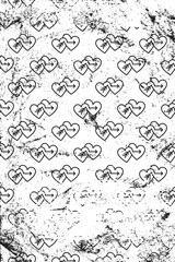 Grunge pattern with line art icons of double cupid hearts. Vertical black and white backdrop.
