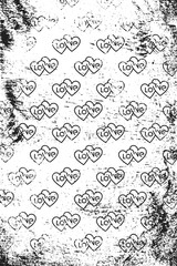 Grunge pattern with icons of double typography hearts. Vertical black and white backdrop.