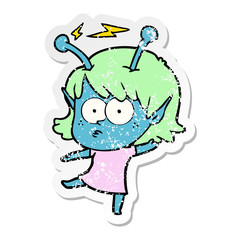 distressed sticker of a cartoon alien girl