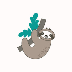 Cute vector sloth on branch.