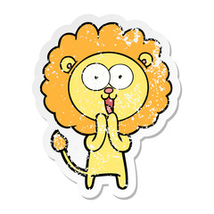 distressed sticker of a happy cartoon lion