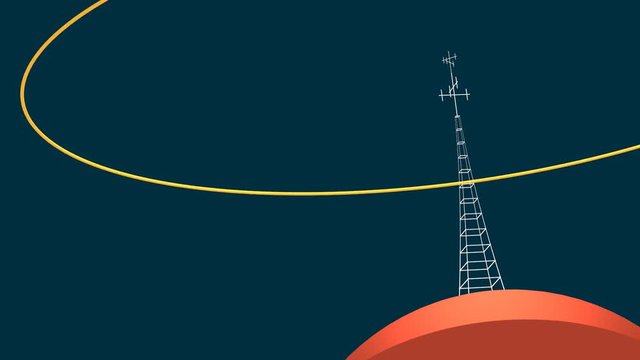 radio tower sending out waves on top of planet - graphic 3d animation illustration.