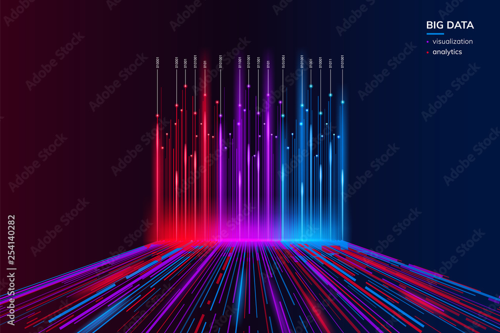 Poster Big data visualization background. Computer analysis technology concept. Abstract visual bigdata flow. Information behavior or futuristic geometric wallpaper. Science and analyze backdrop