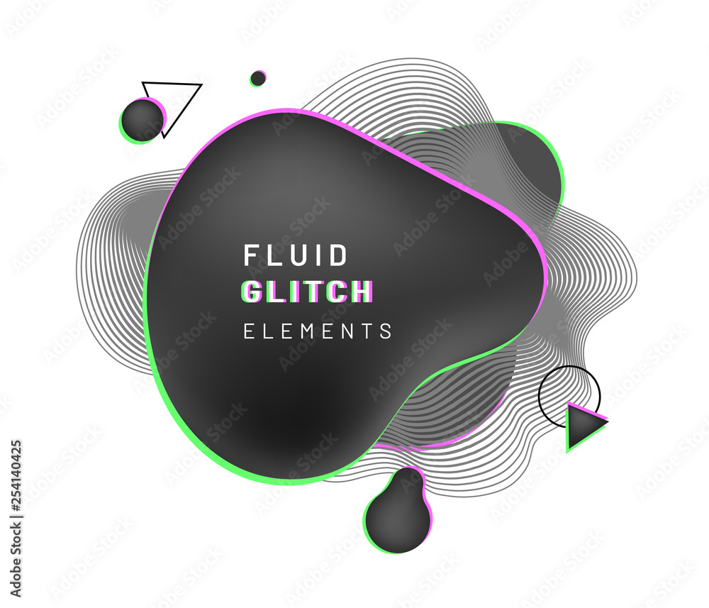 Poster Cover background with abstract liquid shape with glitch and blurry design. Black gradient fluid blob with dynamic wavy lines, circle, triangle. Overlap geometric composition for flyer or banner, logo