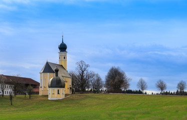 chapel with mountain background, travel bavaria germany irschenberg