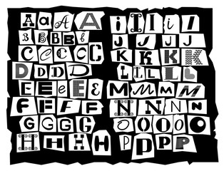 Latin alphabet, made up of letters of different sizes and shapes, is drawn in the style of inscriptions from detective stories. Black letters are cut from newspaper headlines. Part of the alphabet 1