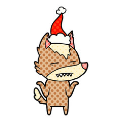 comic book style illustration of a wolf showing teeth wearing santa hat