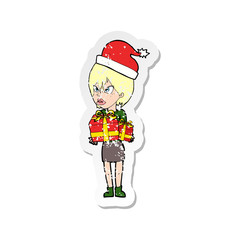 retro distressed sticker of a cartoon woman with present