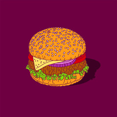 Beef meat or vegetable cutlet cheese burger  hamburger big mac sandwich, with tomato, salad leaf, onion, black bread, sesame seeds, vector stencil drawing without outlines. Bistro. American snack