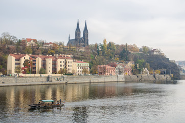 The Vltava river, The Vltava river, Charles bridge and white swans in Prague, Czech Republic in Prague, Czech Republic