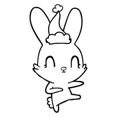 cute line drawing of a rabbit dancing wearing santa hat