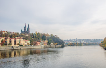 The Vltava river, The Vltava river, Charles bridge and white swans in Prague, Czech Republic in Prague, Czech Republic