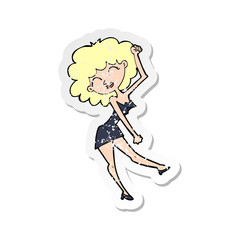 retro distressed sticker of a cartoon dancing woman