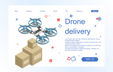 Landing page template of city drone delivery service. Concept of web page design for website and mobile website. Vector illustration. Isometric.