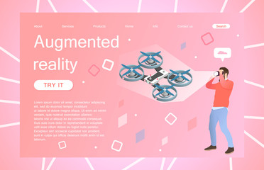 Landing page template of virtual augmented reality glasses concept with man learning and entertaining with drone. Concept of web page design for website and mobile website. Vector illustration.