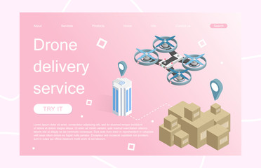 Landing page template of city drone delivery service. Concept of web page design for website and mobile website. Vector illustration. Isometric.