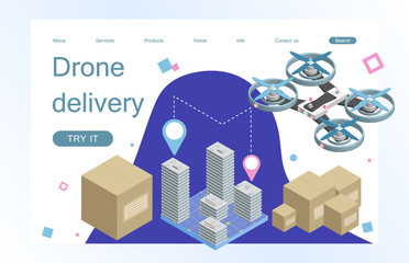 Landing page template of city drone delivery service. Concept of web page design for website and mobile website. Vector illustration. Isometric.