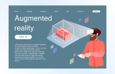 Landing page template of virtual augmented reality glasses concept with man learning and entertaining. Concept of web page design for website and mobile website. Vector illustration.