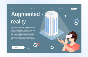 Landing page template of virtual augmented reality glasses concept with man learning and entertaining. Concept of web page design for website and mobile website. Vector illustration.