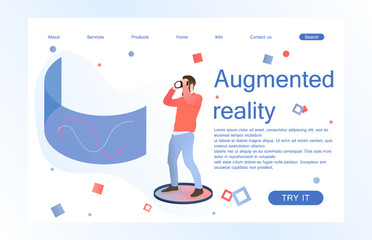 Landing page template of virtual augmented reality glasses concept with man learning and entertaining. Concept of web page design for website and mobile website. Vector illustration.