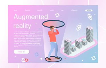 Landing page template of virtual augmented reality glasses concept with man learning and entertaining. Concept of web page design for website and mobile website. Vector illustration.
