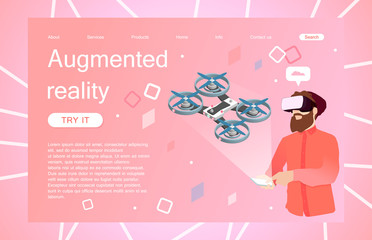 Landing page template of virtual augmented reality glasses concept with man learning and entertaining with drone. Concept of web page design for website and mobile website. Vector illustration. 