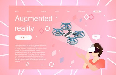 Landing page template of virtual augmented reality glasses concept with man learning and entertaining with drone. Concept of web page design for website and mobile website. Vector illustration.
