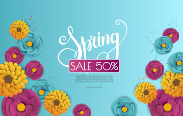 Spring sale banner with paper flowers on a white background.