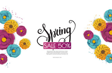 Spring sale banner with paper flowers on a white background.