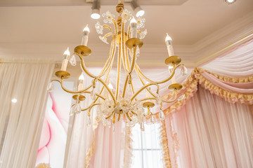 Fantasy Pink Ruffled Yarn Curtains and Crystal Chandeliers