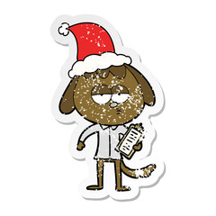 distressed sticker cartoon of a bored dog in office clothes wearing santa hat