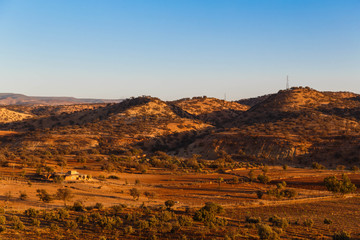 Golden hour landscape view of valley in Morocco. Beautiful Northern African Landscape.