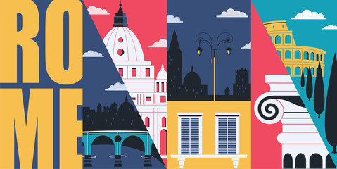 Plakat Rome, Italy vector skyline illustration, postcard. Travel to Italy modern flat graphic design