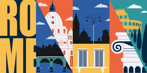 Plakat Rome, Italy vector banner, illustration. City skyline, historical buildings in modern flat design