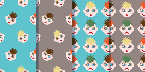 Set of four seamless patterns with funny smileys in cartoon style. The image of colored hair of different colors and different emotions